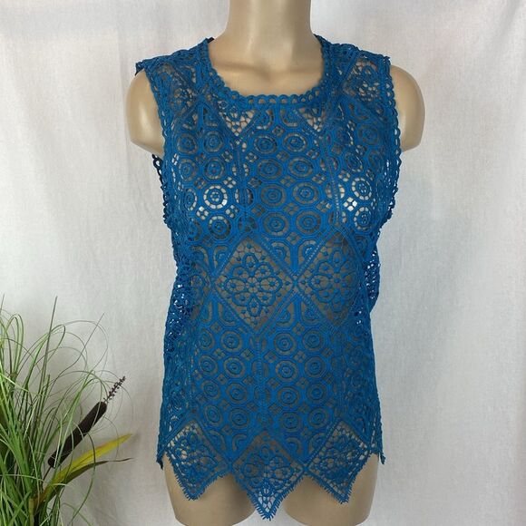 Anthropologie Deletta Blue Sheer Short Sleeve Crochet Lace Blouse Top S - Picture 2 of 7